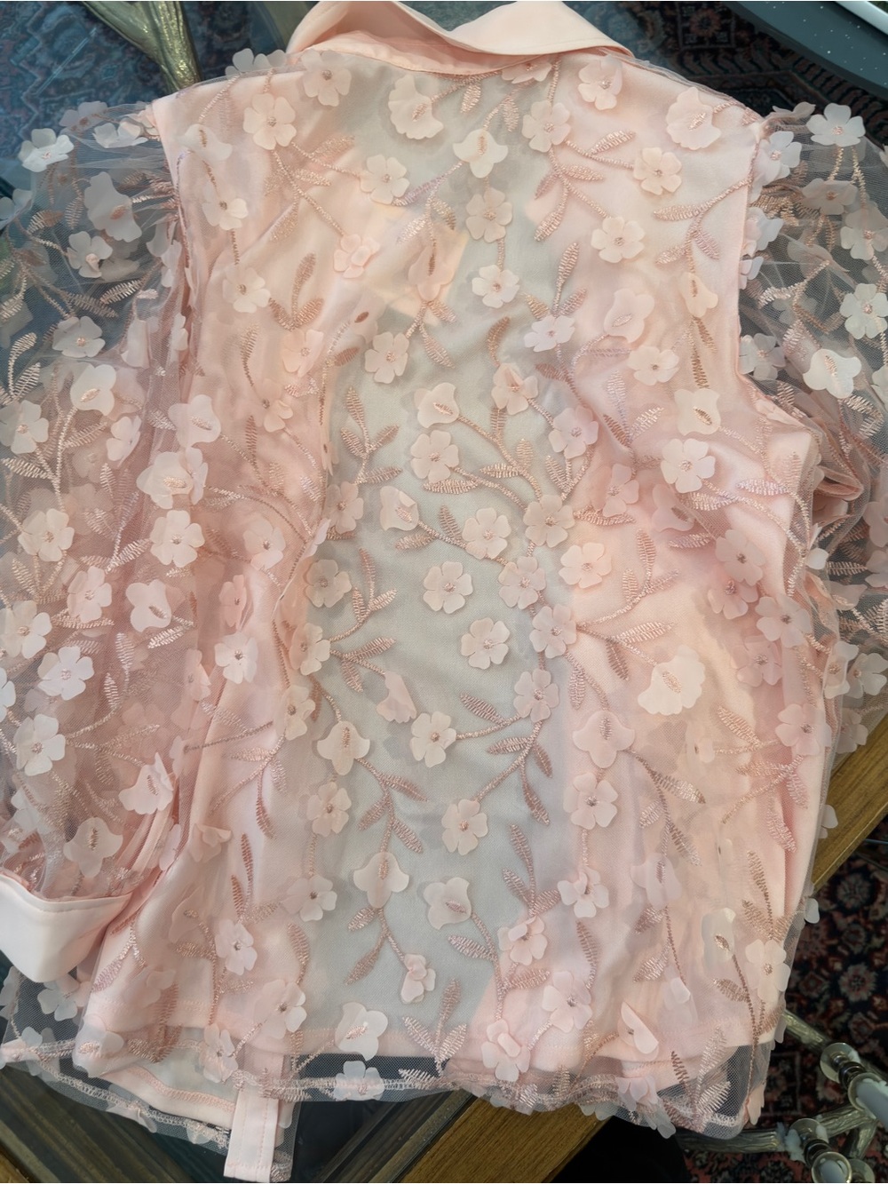 Anne Klein Light Pink Sheer Floral Appliqué Button Down Blouse - Picture 5 of 5